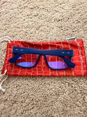 Caddis Blue Rectangular Blue-light Glasses with Red Croc Pouch